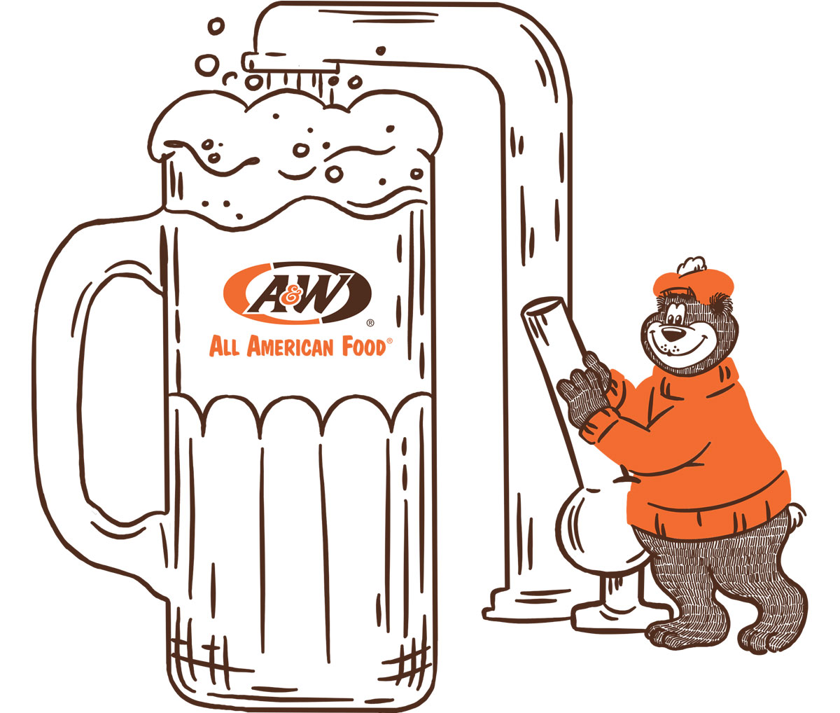 illustration showing how Rooty fills a big frosty glass mug to the tippy-tip-top.